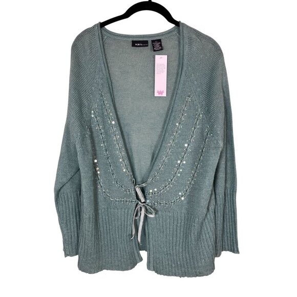 Mixit Beaded Sequin Knit Sweater 1X Green Feminine Fairy Whimsical Preppy Chic - Picture 1 of 10